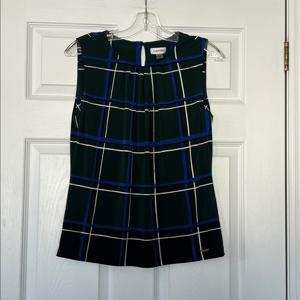 Calvin Klein Black and Blue Checkered Sleeveless Blouse